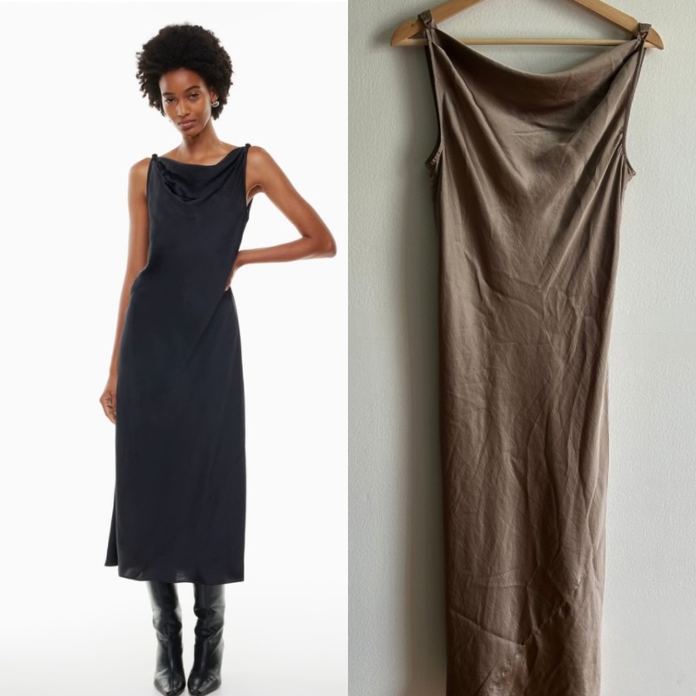 Aritzia Wilfred Sz XS Goddess Tan Champagne Satin Midi Dress